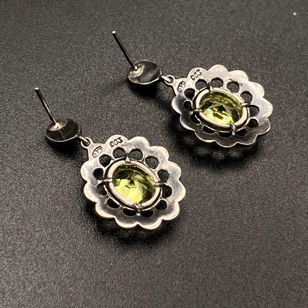 Sterling Silver Earrings Green Stone Marcasite Drop 1.125" - Picture 4 of 10